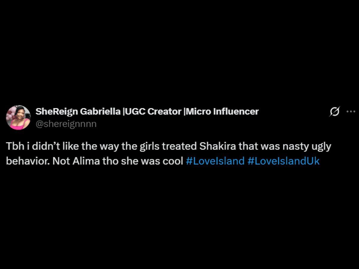 A Love Island UK fan comments on the ladies' conversation about Shakira (Image via X/@shereignnnn)